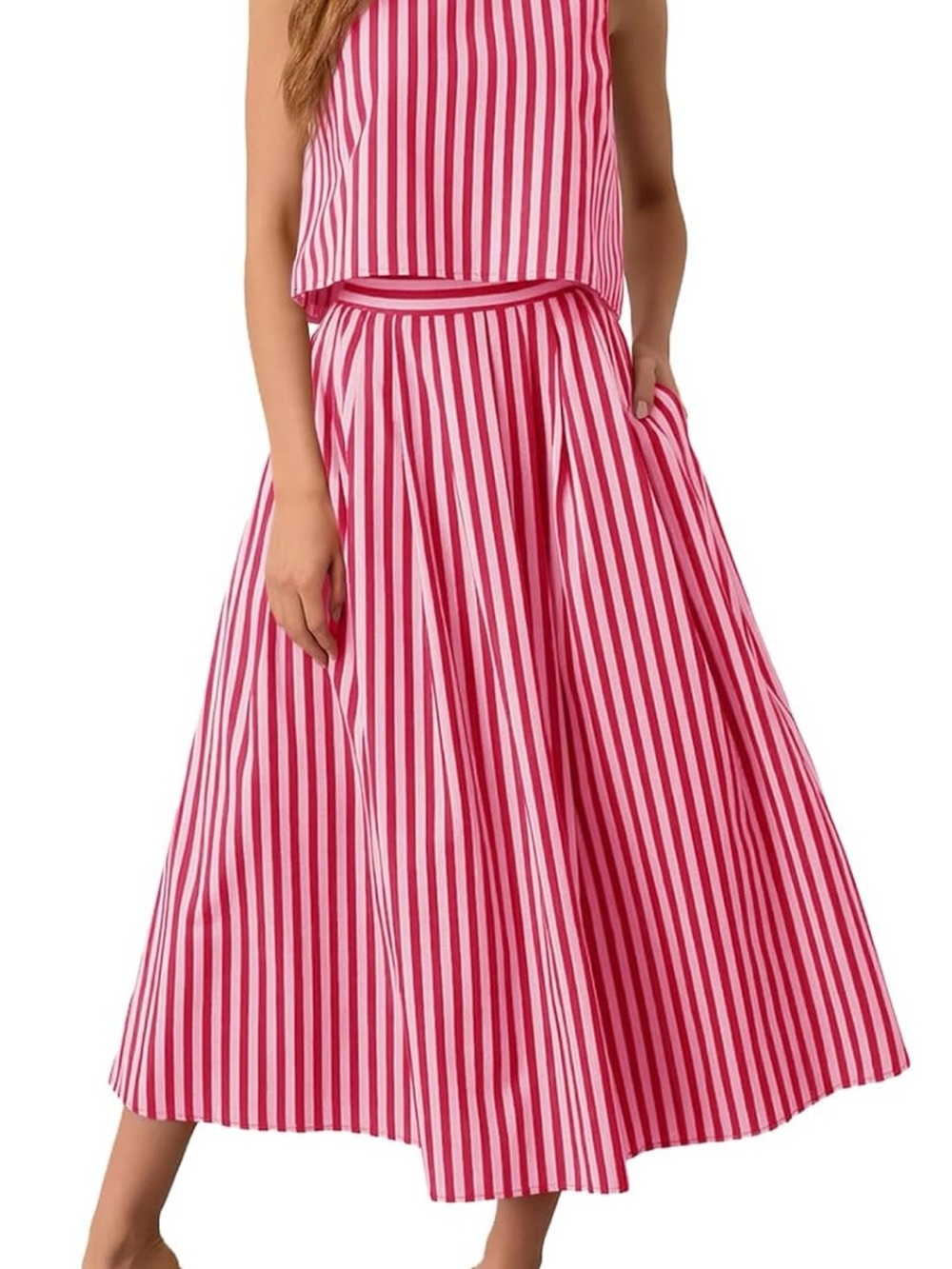 Women’s 2 Piece Midi Skirt Set (size M) Pink & Red Stripe